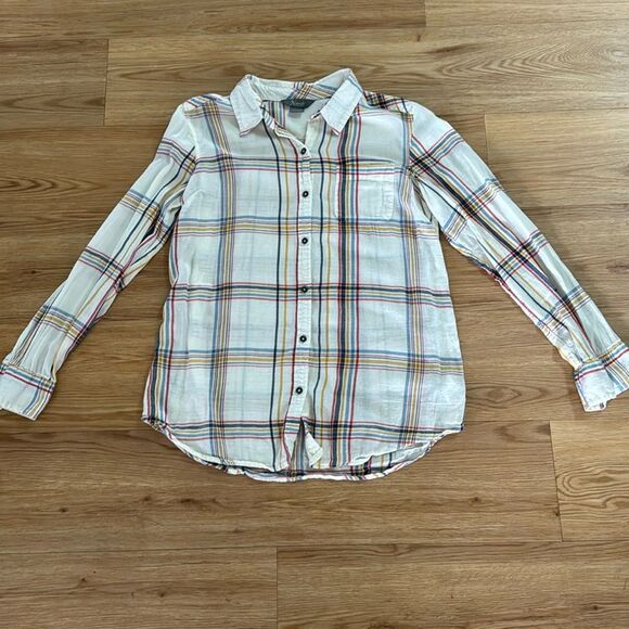 Natural Reflections Women's Plaid Flanel Button Down Blouse Small Cream Red - Picture 1 of 6